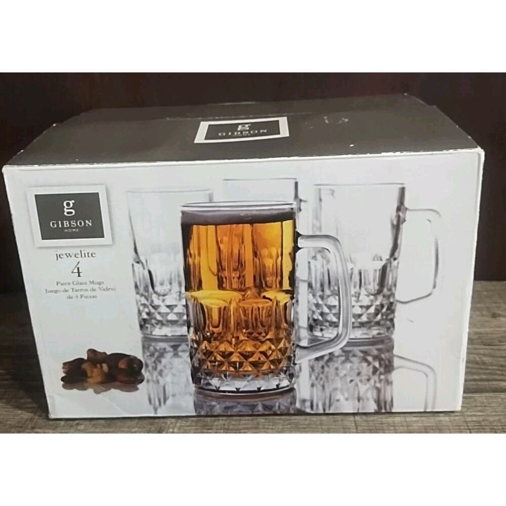 Gibson Home Jewelite Chunky Glass Beer Mugs Set Of 4 16 oz 0.5L New Open Box